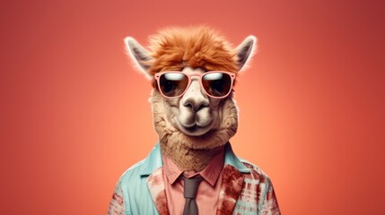 A studio portrait of a funky hipster alpaca wearing a jacket, sunglasses, on a seamless pink colored solid colored background