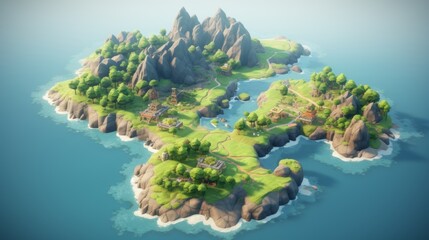 Isometric map of an isle in the carribean sea, video game concept art