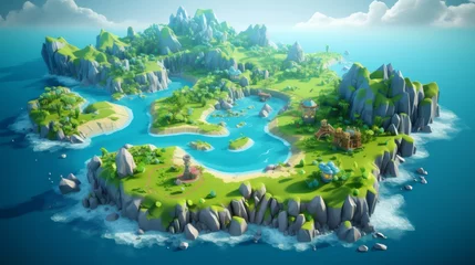 Zelfklevend Fotobehang Isometric map of some tiny isle with houses on it in the carribean sea, video game concept art © medienvirus