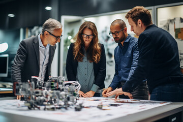 A group of engineers discussing the latest advancements in robotics, love and creativity with copy space