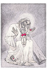 hand drawn illustration. Jesus provides soul with Unparalleled love and support, enveloping her in faith and hope. This illustration conveys a spiritual connection and fosters a sense of well-being an