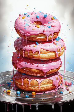 Sweet Temptation: A 3D Illustration of a Stack of Donuts with Pink Glaze and Cherries