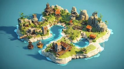Fotobehang Isometric map of some tiny isles with houses on it in the carribean sea, video game concept art © medienvirus