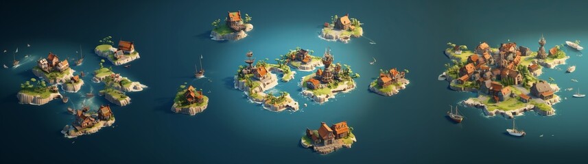 Isometric map of some tiny isles with houses on it in the carribean sea, video game concept art - obrazy, fototapety, plakaty