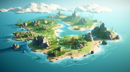 Isometric map of some tiny isles with houses on it in the carribean sea, video game concept art - obrazy, fototapety, plakaty