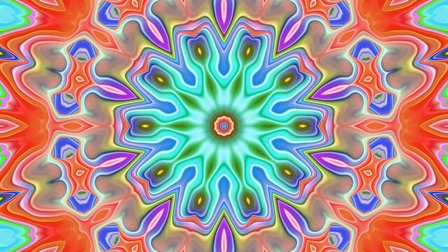 Bright fluids, impulses emanating from center, spreading in different directions, making round ornament with flowers. Mandala metamorphoses with abstract background changes. 4K UHD 4096x2304