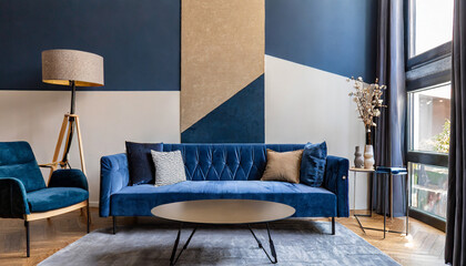 modern mid century interior with navy blue and beige wall art in textured abstract style cozy furniture dusty blue sofa and table generative ai