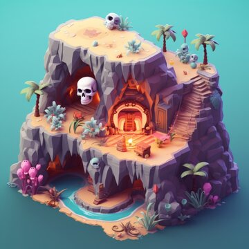 Tiny cute isometric pirate cave in the style of caribbean with skulls as a warning