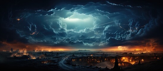 Thunderstorm in the night sky. Concept of bad weather, natural disaster
