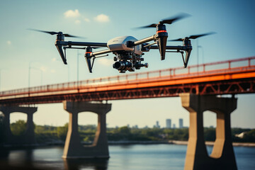 A robotic drone inspecting critical infrastructure, such as bridges and power lines, love and creativity with copy space