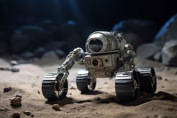 A robot designed for space exploration, being tested in a simulated lunar or Martian environment, love and creativity with copy space