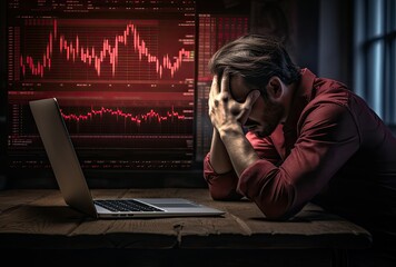 Stocks are falling, sad and worried businessman holds his head against the background of graphs of falling stocks, Economy Crysis. - obrazy, fototapety, plakaty