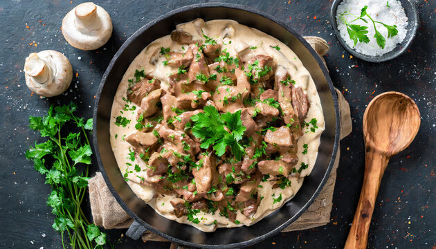 delicious beef stroganoff veal strips stewed with porcini in sour cream sauce sprinkled with finely chopped parsley on skillet authentic recipe view from above