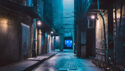 dark street in cyberpunk city gloomy alley with neon lighting