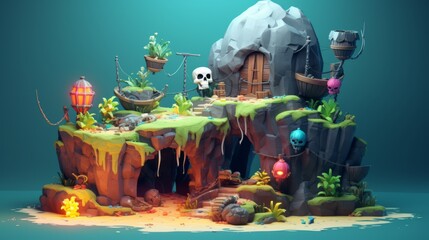 Obraz premium Tiny cute isometric pirate cave in the style of caribbean with skulls as a warning