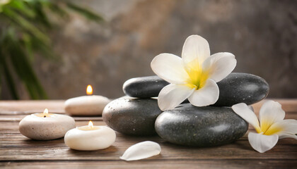 spa stones and white flower on table