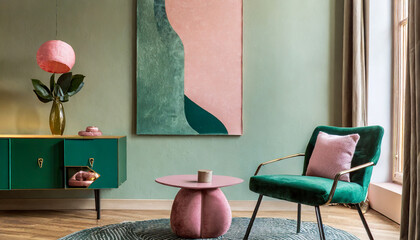 modern mid century interior with blush pink and sage green wall art in textured abstract style cozy furniture green chair and table generative ai