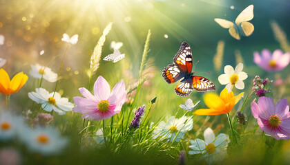 beautiful spring summer background nature with blooming wildflowers wild flowers in grass and two butterflies soaring in nature in rays of sunlight close up spring summer natural landscape - obrazy, fototapety, plakaty