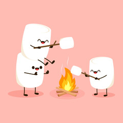 Marshmallow character. Marshmallow piece on skewer roasting on forest bonfire. bonfire vector. Marshmallow cartoon vector. 