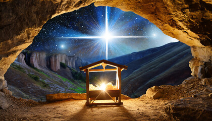 birth of jesus wooden manger and star of bethlehem in cave