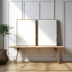 double stylish poster frame mockup, wooden frame mockups to display posters on the table in a stylish interior design environment, 3d rendering