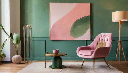 modern mid century interior with blush pink and sage green wall art in textured abstract style cozy...