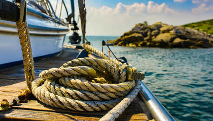 Obraz premium near the sailboat a rope is positioned ready for maritime adventures