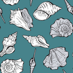 Sea shell decorative seamless abstract vector pattern. Summer beach holiday, ocean scuba diving, snorkeling theme for textile print, fabric design, wallpaper background, wrapping paper, trendy fashion