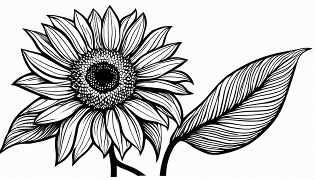 black outline sunflower line art isolated on white background hand drawing botanical vector illustration