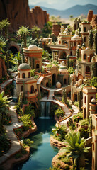 Desert Dream: A Fantasy Image of an Oasis with Arabian Architecture