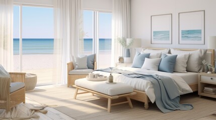 A light and airy bedroom inspired by the sea, featuring soft blues, whites, and sandy tones. Nautical decor, a plush white bed, and sheer curtains create a tranquil, beachy vibe. 