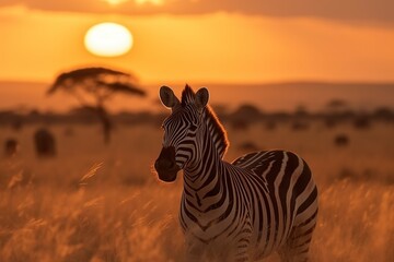 zebra at sunset in african national park