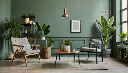 modern cozy living room with monochrome sage green wall contemporary interior design with trendy wall color table house plants and chair generative ai