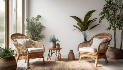 Fototapeta na wymiar empty white wall mockup in boho room interior with two wicker armchairs and pot with plants natural daylight from a window background wall art mockups