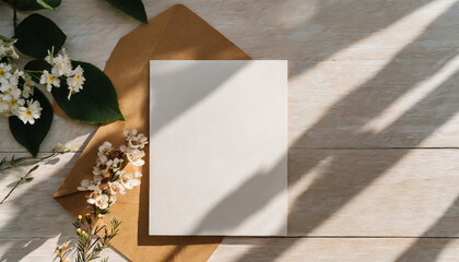 blank paper card on neutral beige wooden desk background with floral sun light shadows postcard template mockup with copy space