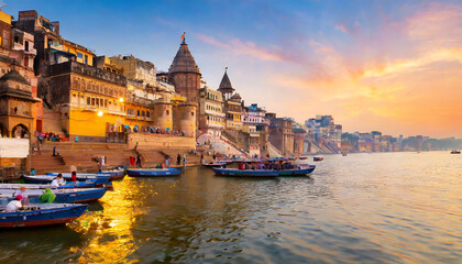 varanasi city with ancient architecture view of the holy manikarnika ghat at varanasi india at sunset - Powered by Adobe
