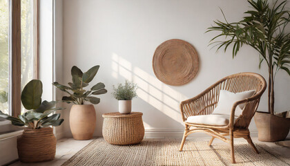 empty white wall mockup in boho room interior with wicker armchair beige pot with plants and coffee table natural daylight from a window promotion background generative ai - obrazy, fototapety, plakaty