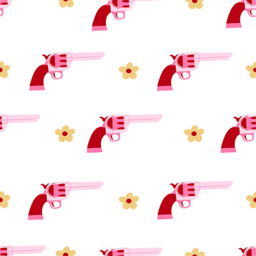 Seamless pattern with pink gun and flowers. Wild west, western design. Cowgirl concept. Hand drawn vector illustration