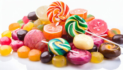 Fototapeta na wymiar a pile of assorted candy lollipops on a white background generative ai