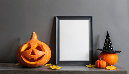 an empty vertical frame for mockup stands on the table near the jack o lantern pumpkin grey wall background halloween decor