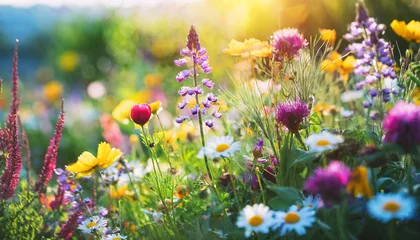 Fototapeten colorful spring summer landscape with wild flowers in meadow in nature glow in sun selective focus shallow depth of field © Art_me2541