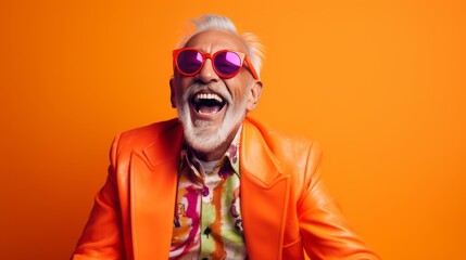 Happy senior man in colorful orange outfit, cool sunglasses, laughing and having fun in fashion studio
