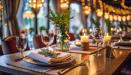 Fototapeta na wymiar served dinner table in a restaurant restaurant interior cozy restaurant table setting blurred background generative ai