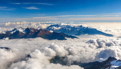 a view of a mountain range from above the clouds in the sky generative ai