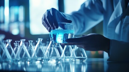 Scientist in laboratory analyzing blue substance in beaker, conducting medical research for pharmaceutical discovery, biotechnology development in healthcare, science and chemistry 