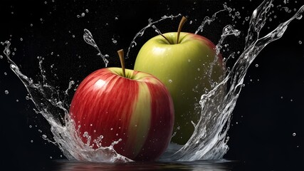 Apple splashing into water on black background
