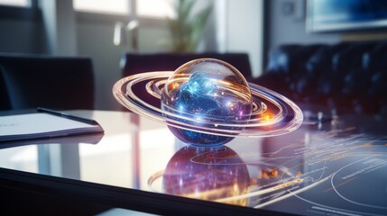a concept holo 3d render model of a solar system on a table in a real estate agency. signing mortgage contract document and demonstrating. futuristic business. blurry background 