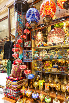 ISTANBUL, TURKEY 2023, August 04: Business selling souvenirs in Istiklal Caddesi, one of the most famous streets in Istanbul
