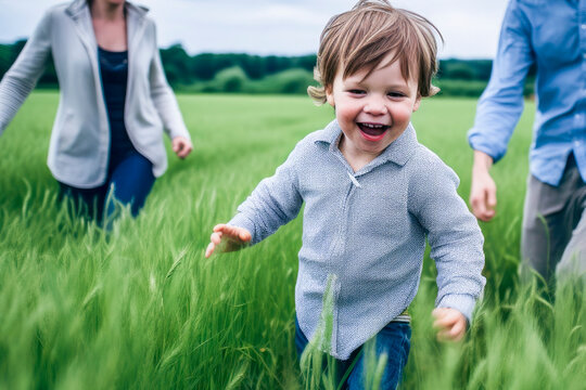 young boy and his family happy in a grassy field