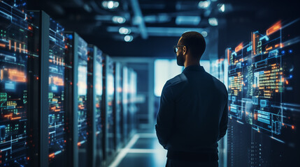 A data center technician inspecting servers with AI analytics on screens, Machine learning background, blurred background, with copy space